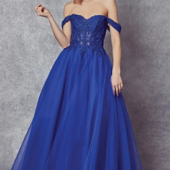 New long navy, royal, yellow, off the shoulder embroidered tulle ball gown dress - Picture 11 of 13